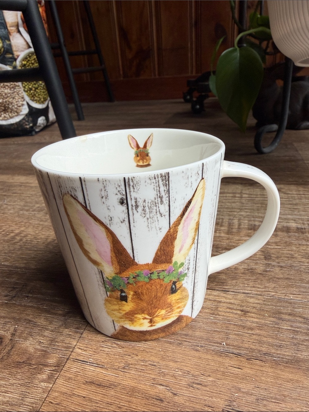Ceramic Bunny Mug in Brown and White with Floral Crown